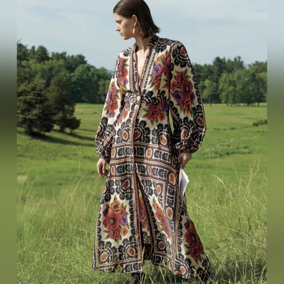 FARM Rio Dresses & Skirts - FARM Rio Black Floral Long Sleeve Maxi Dress with Pink and Orange Accents
